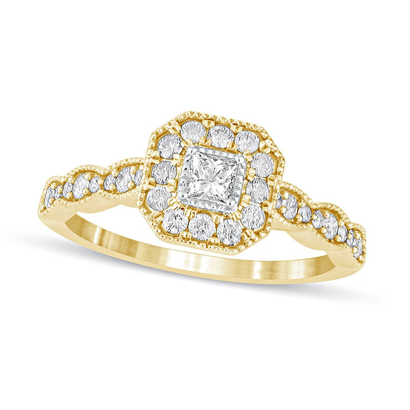 Image of ID 1 050 CT TW Princess-Cut Natural Diamond Octagonal Frame Antique Vintage-Style Engagement Ring in Solid 10K Yellow Gold