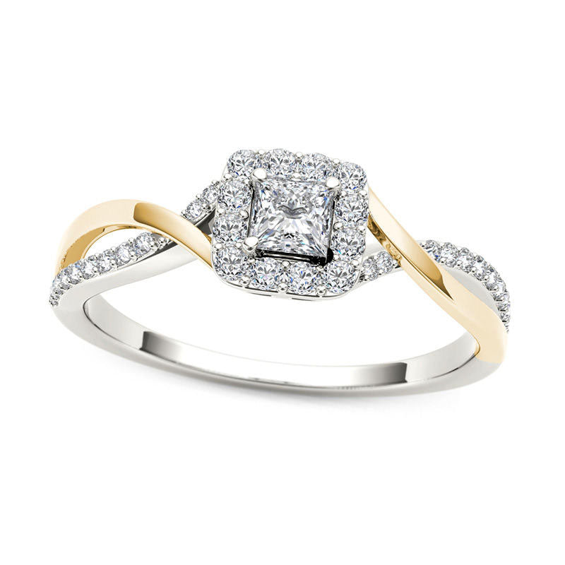 Image of ID 1 050 CT TW Princess-Cut Natural Diamond Square Frame Twist Engagement Ring in Solid 14K Two-Tone Gold