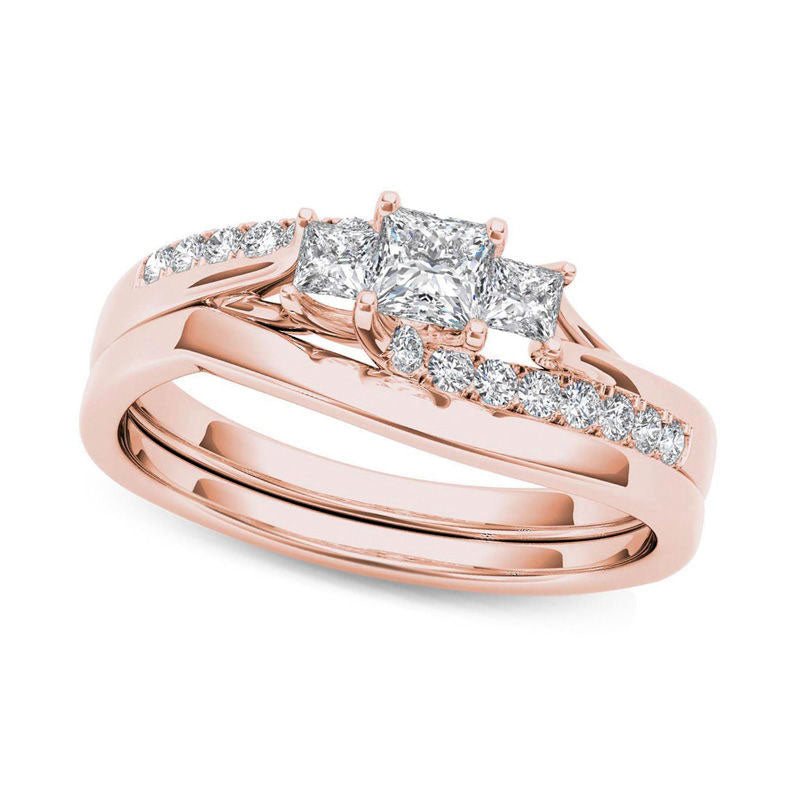 Image of ID 1 050 CT TW Princess-Cut Natural Diamond Three Stone Bypass Bridal Engagement Ring Set in Solid 14K Rose Gold