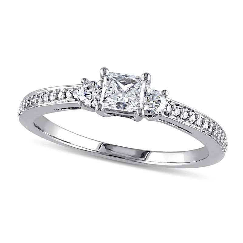 Image of ID 1 050 CT TW Princess-Cut Natural Diamond Three Stone Engagement Ring in Solid 10K White Gold