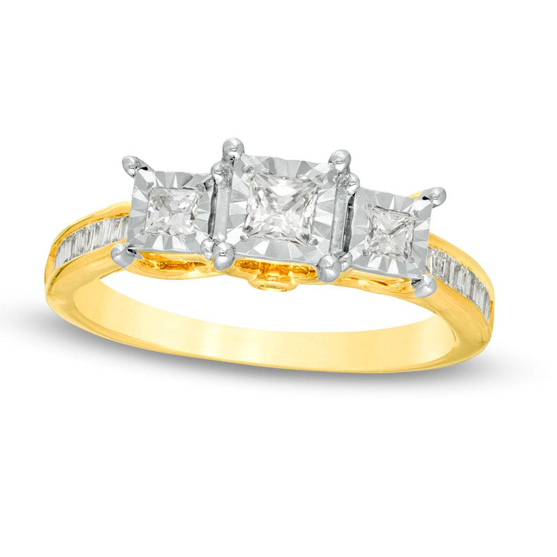Image of ID 1 050 CT TW Princess-Cut Natural Diamond Three Stone Engagement Ring in Solid 10K Yellow Gold