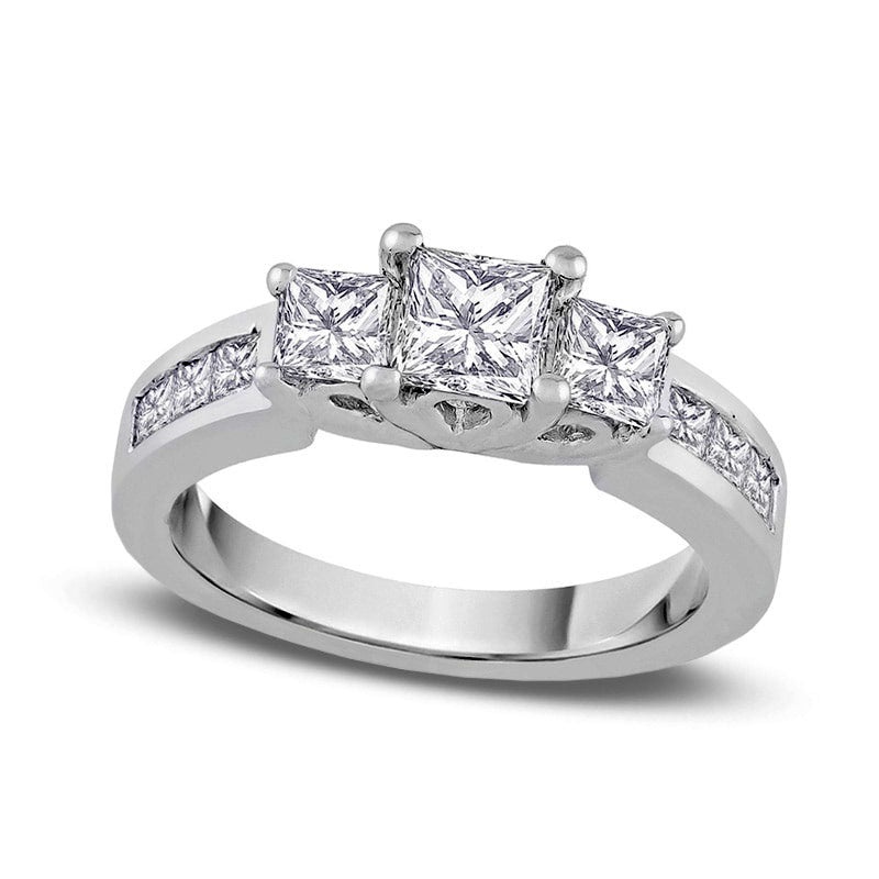 Image of ID 1 050 CT TW Princess-Cut Natural Diamond Three Stone Engagement Ring in Solid 14K White Gold