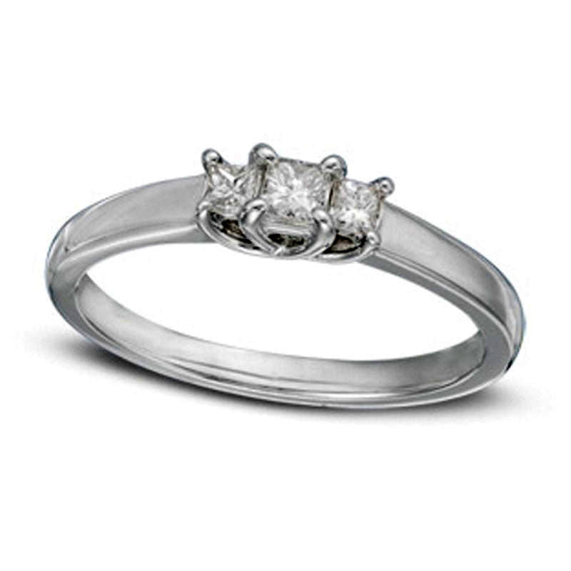 Image of ID 1 050 CT TW Princess-Cut Natural Diamond Three Stone Engagement Ring in Solid 14K White Gold (I/SI2)