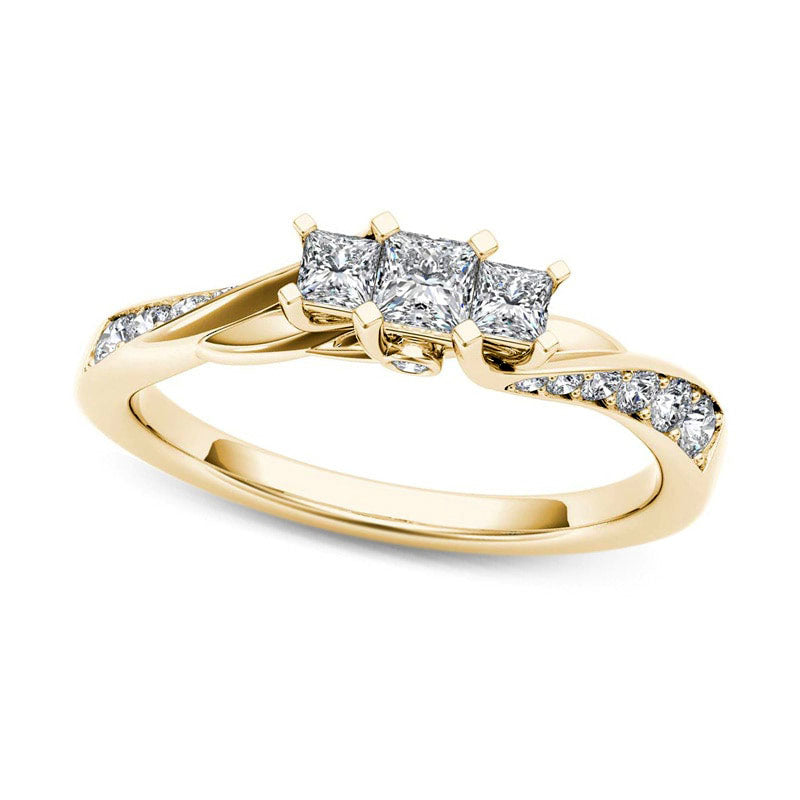 Image of ID 1 050 CT TW Princess-Cut Natural Diamond Three Stone Twist Shank Ring in Solid 14K Gold