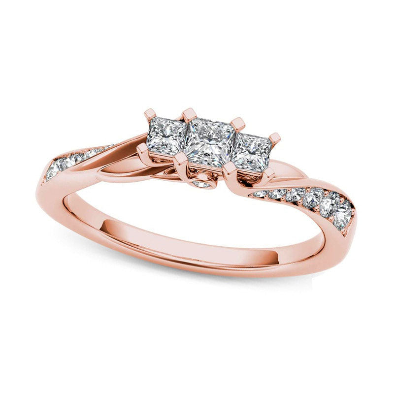 Image of ID 1 050 CT TW Princess-Cut Natural Diamond Three Stone Twist Shank Ring in Solid 14K Rose Gold