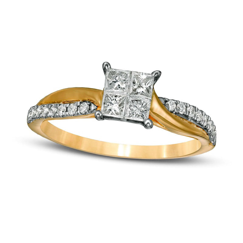 Image of ID 1 050 CT TW Princess-Cut Quad Natural Diamond Twist Shank Engagement Ring in Solid 14K Gold