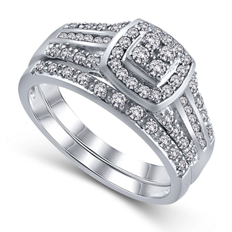 Image of ID 1 050 CT TW Quad Natural Diamond Cushion Frame Multi-Row Bridal Engagement Ring Set in Sterling Silver