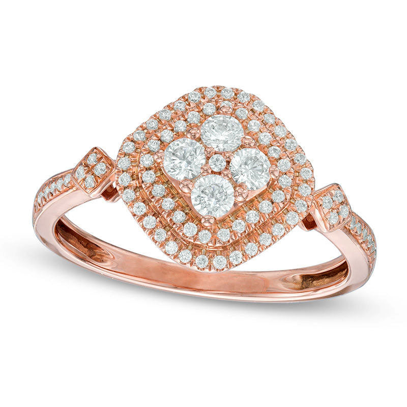 Image of ID 1 050 CT TW Quad Natural Diamond Cushion Shaped Frame Ring in Solid 10K Rose Gold
