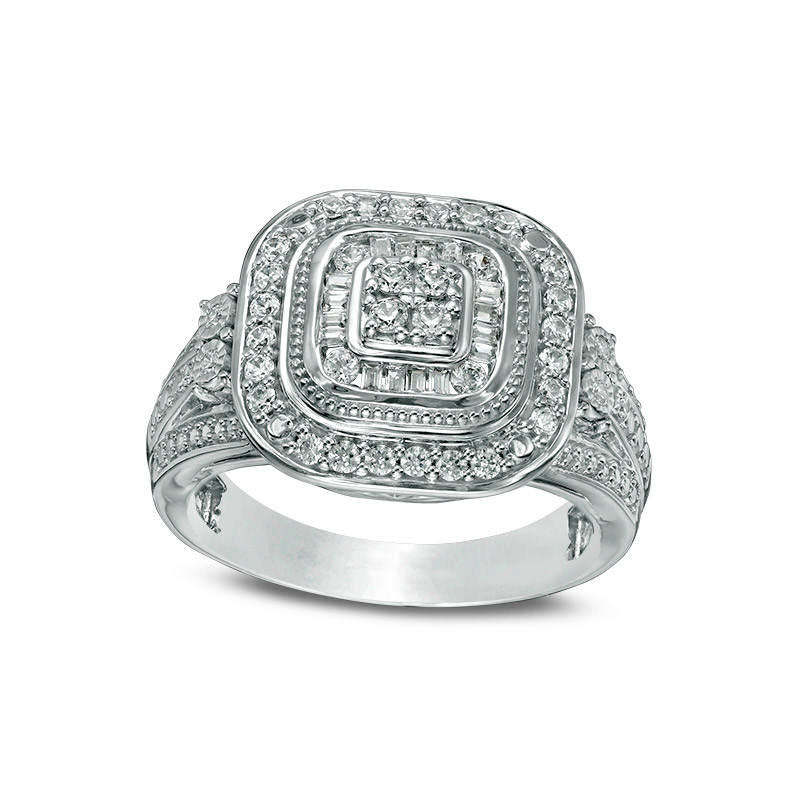 Image of ID 1 050 CT TW Quad Natural Diamond Double Cushion Frame Collar Antique Vintage-Style Ring in Sterling Silver