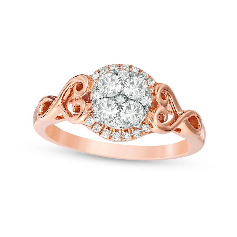 Image of ID 1 050 CT TW Quad Natural Diamond Filigree Heart-Sides Engagement Ring in Solid 10K Rose Gold