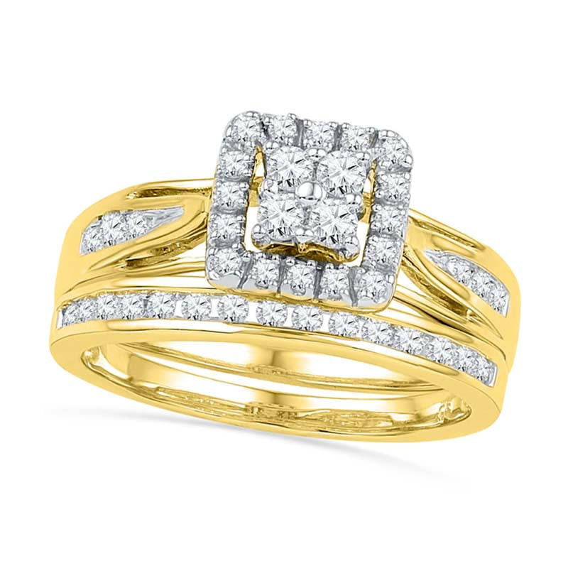 Image of ID 1 050 CT TW Quad Natural Diamond Frame Bridal Engagement Ring Set in Solid 10K Yellow Gold