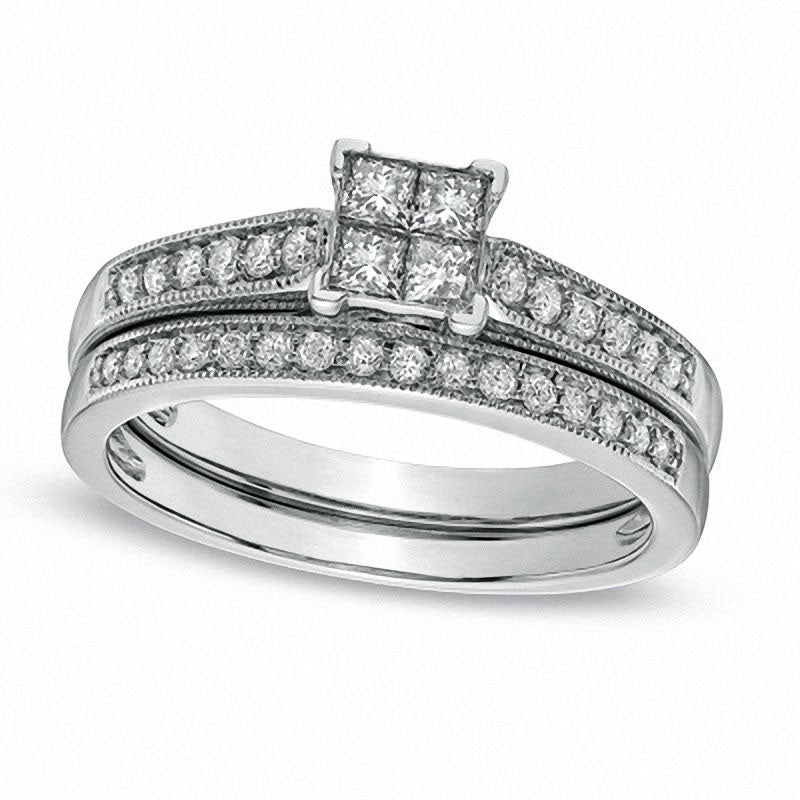 Image of ID 1 050 CT TW Quad Princess-Cut Natural Diamond Antique Vintage-Style Bridal Engagement Ring Set in Solid 10K White Gold