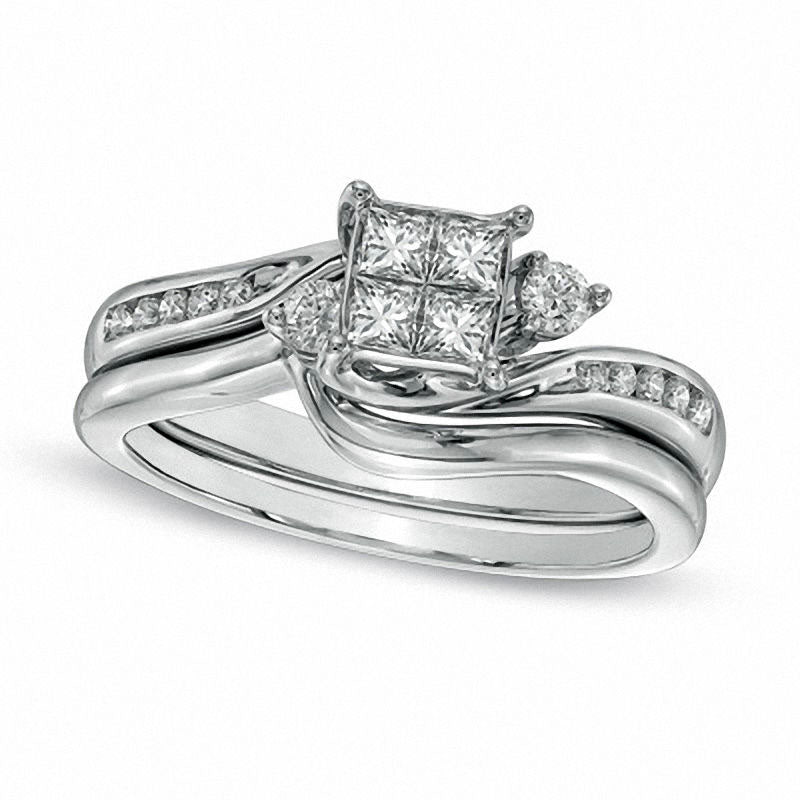Image of ID 1 050 CT TW Quad Princess-Cut Natural Diamond Bridal Engagement Ring Set in Solid 10K White Gold