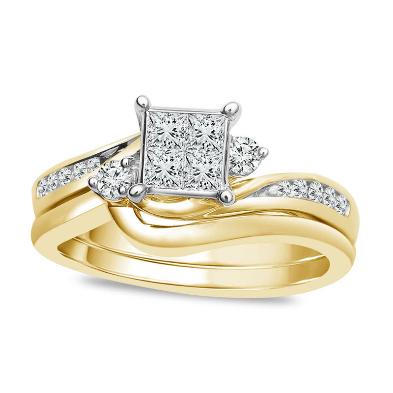 Image of ID 1 050 CT TW Quad Princess-Cut Natural Diamond Bypass Bridal Engagement Ring Set in Solid 10K Yellow Gold
