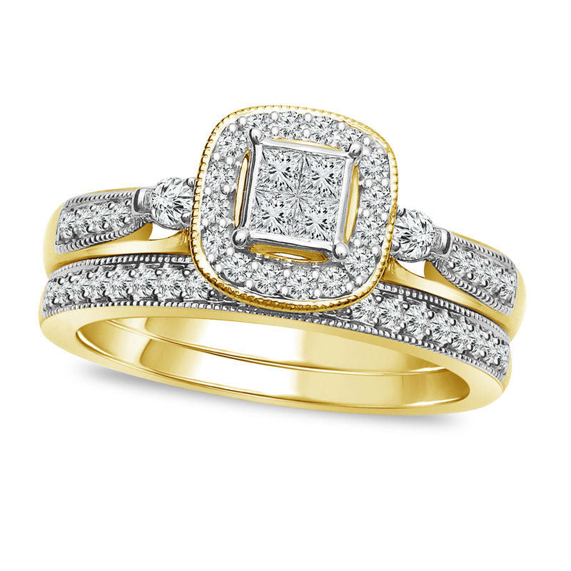 Image of ID 1 050 CT TW Quad Princess-Cut Natural Diamond Frame Antique Vintage-Style Bridal Engagement Ring Set in Solid 10K Two-Toned Gold
