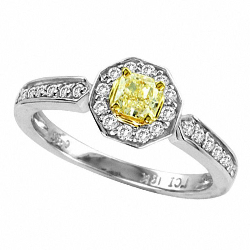 Image of ID 1 050 CT TW Radiant-Cut Natural Fancy Yellow and White Natural Diamond Octagon Ring in Solid 14K White Gold (SI2)
