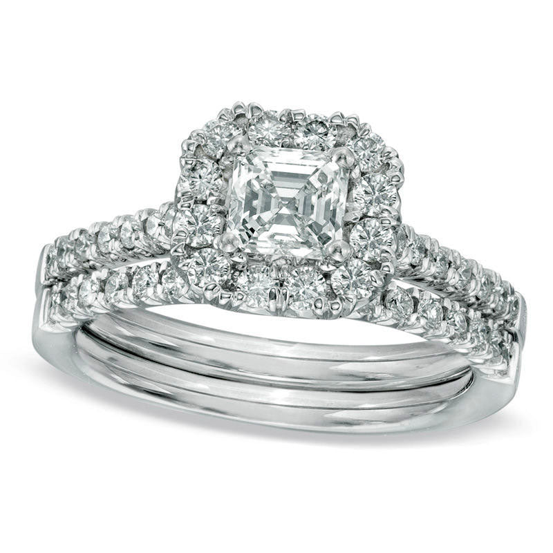 Image of ID 1 063 CT TW Asscher-Cut Natural Diamond Frame Bridal Engagement Ring Set in Solid 14K White Gold