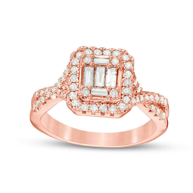 Image of ID 1 063 CT TW Baguette and Round Composite Natural Diamond Cushion Frame Twist Engagement Ring in Solid 14K Rose Gold