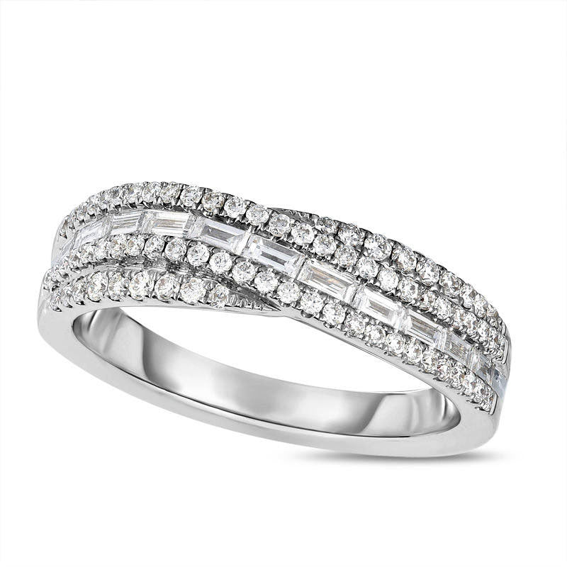Image of ID 1 063 CT TW Baguette and Round Natural Diamond Crossover Band in Solid 14K White Gold