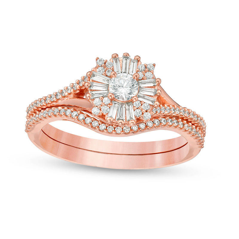 Image of ID 1 063 CT TW Baguette and Round Natural Diamond Frame Bridal Engagement Ring Set in Solid 10K Rose Gold