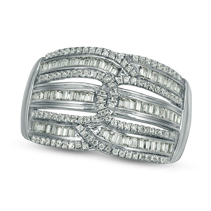 Image of ID 1 063 CT TW Baguette and Round Natural Diamond Multi-Row Interlocking Loops Ring in Solid 10K White Gold
