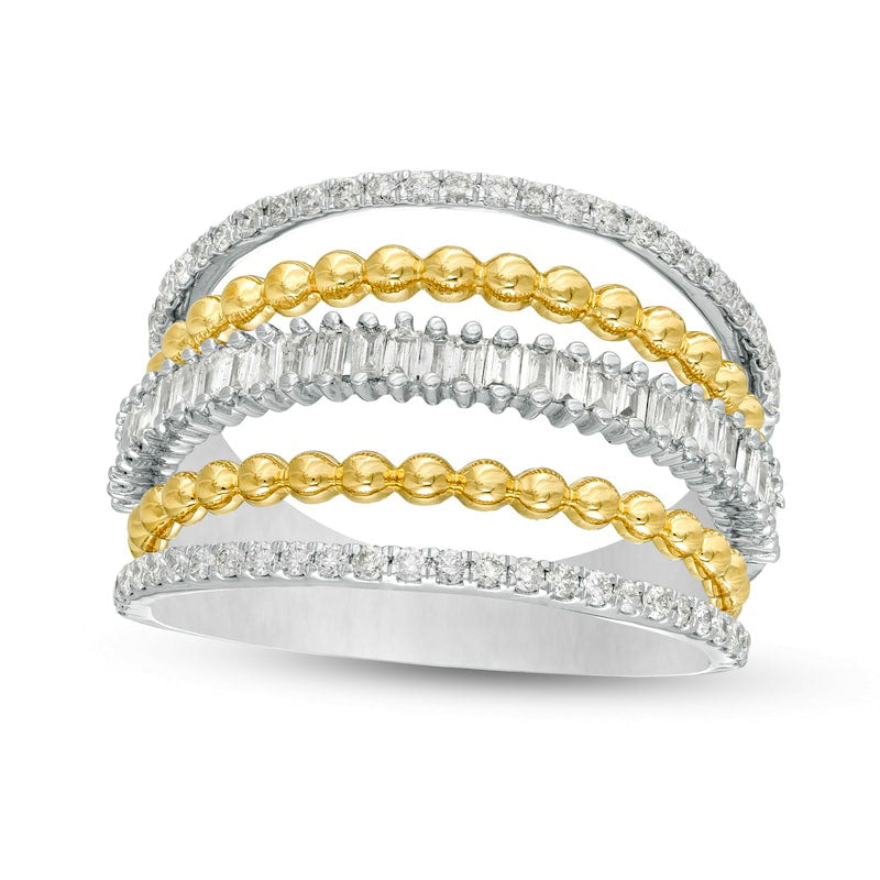 Image of ID 1 063 CT TW Baguette and Round Natural Diamond Multi-Row Split Shank Ring in Solid 10K Two-Tone Gold