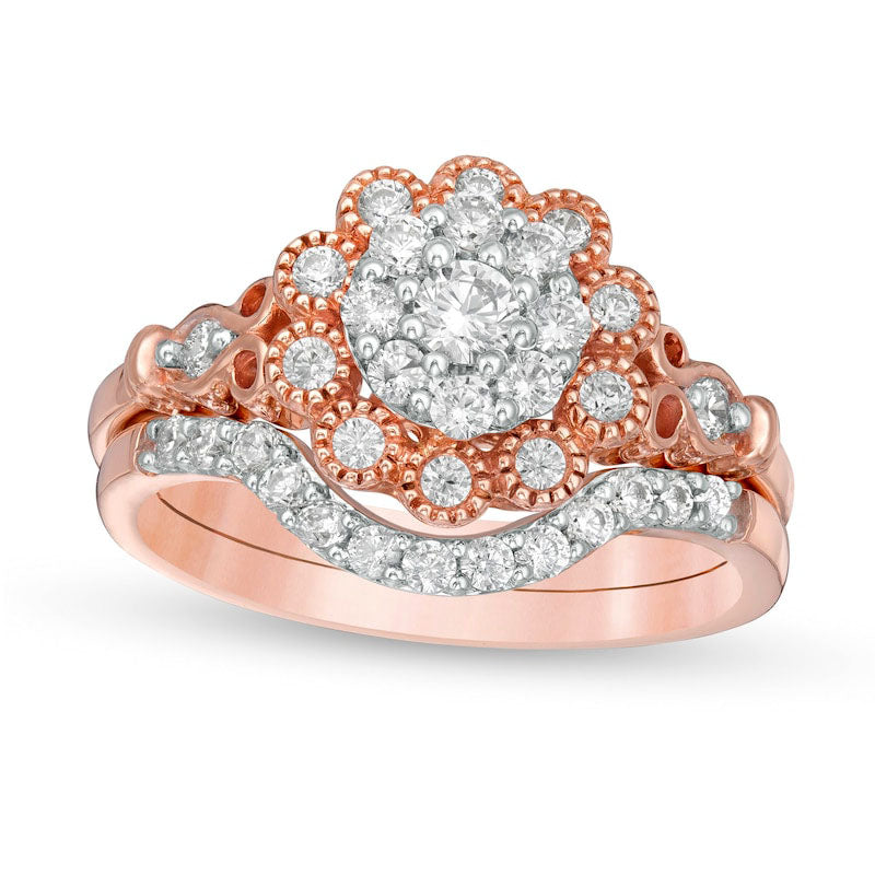 Image of ID 1 063 CT TW Composite Natural Diamond Scallop Frame Antique Vintage-Style Bridal Engagement Ring Set in Solid 10K Rose Gold