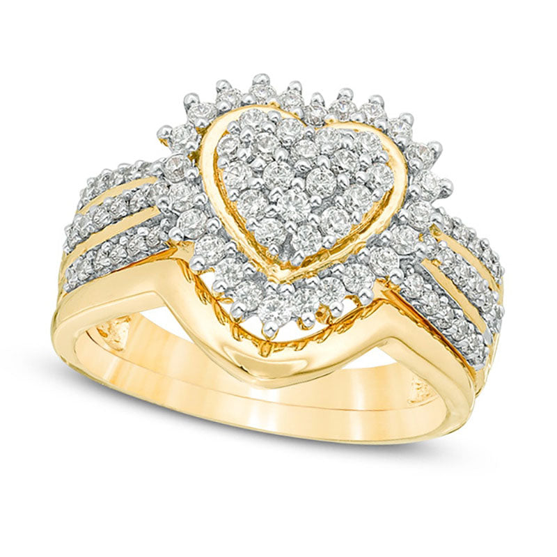 Image of ID 1 063 CT TW Composite Natural Diamond Sunburst Heart Frame Multi-Row Bridal Engagement Ring Set in Sterling Silver with Solid 14K Gold Plate