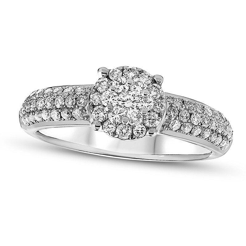 Image of ID 1 063 CT TW Composite Natural Diamond Three Row Engagement Ring in Solid 18K White Gold
