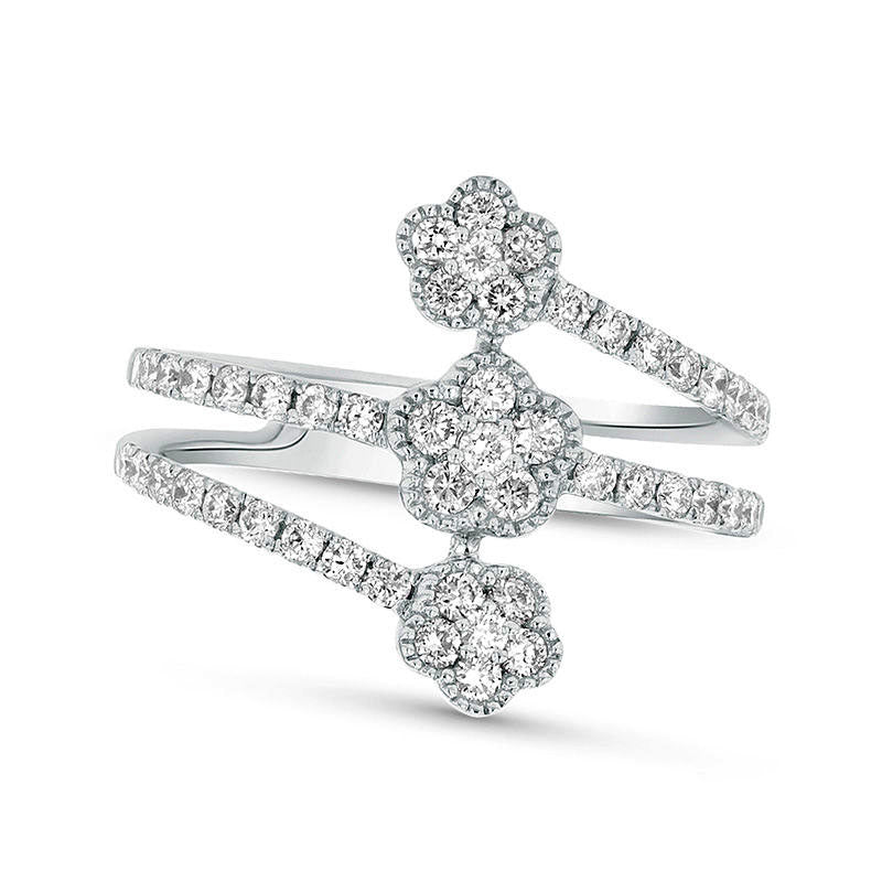 Image of ID 1 063 CT TW Composite Natural Diamond Triple Flower Antique Vintage-Style Ring in Solid 18K White Gold (G/SI1)