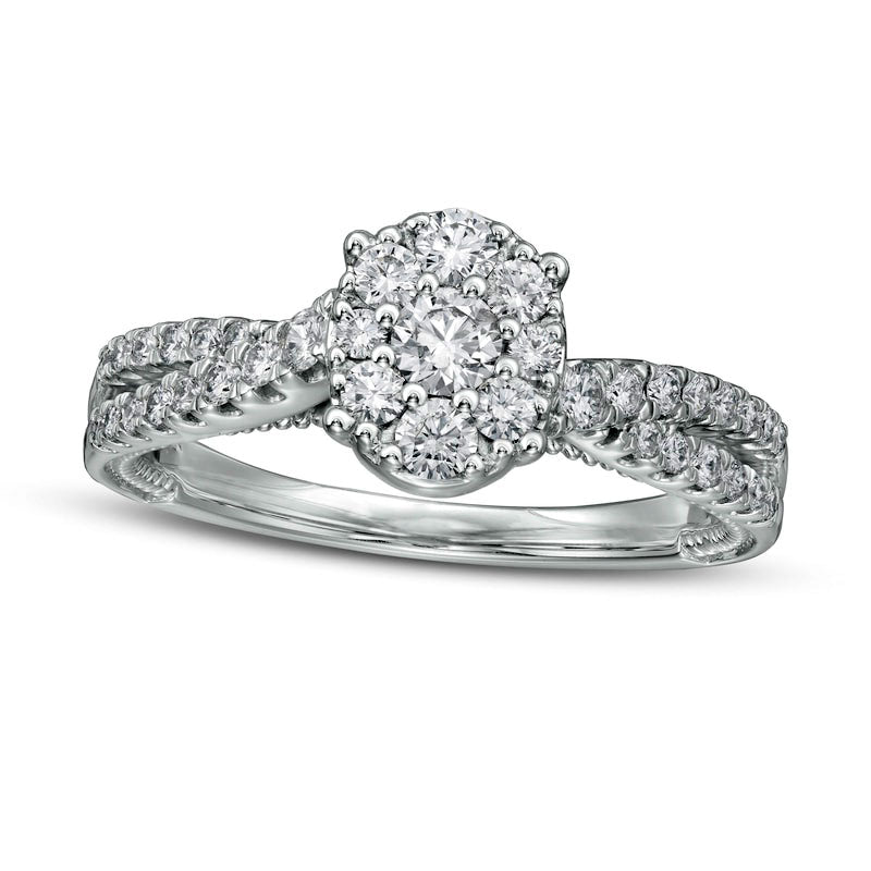 Image of ID 1 063 CT TW Composite Oval Natural Diamond Crossover Shank Engagement Ring in Solid 14K White Gold