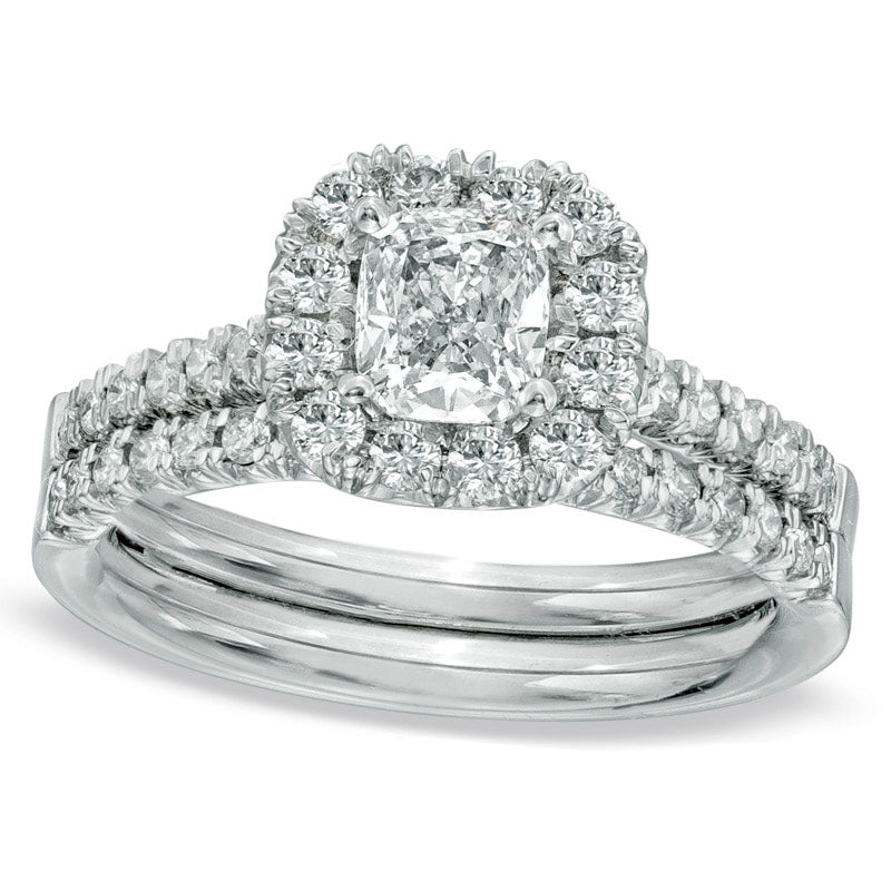 Image of ID 1 063 CT TW Cushion-Cut Natural Diamond Frame Bridal Engagement Ring Set in Solid 14K White Gold