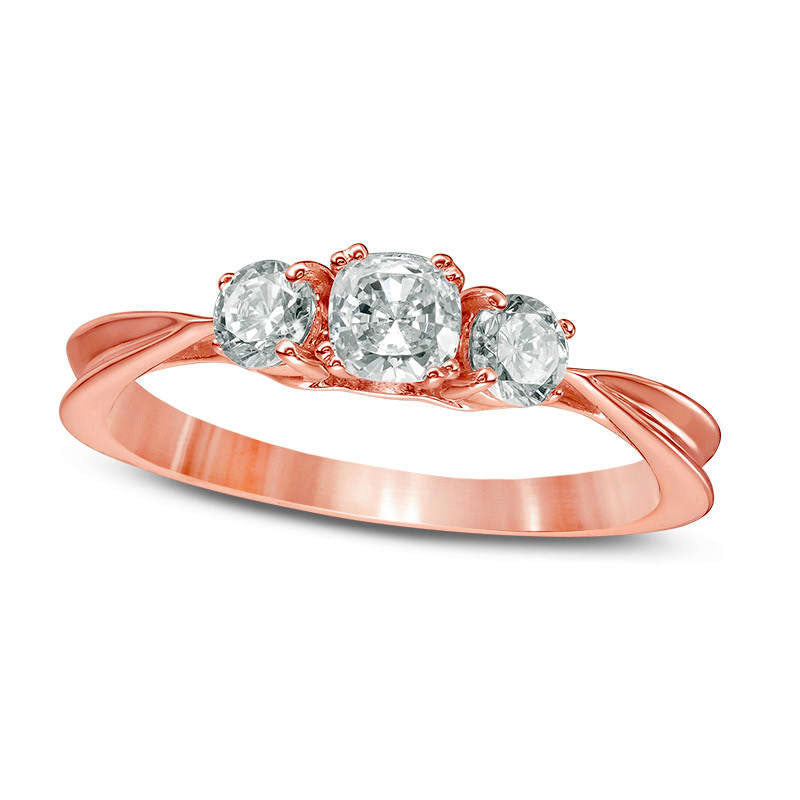 Image of ID 1 063 CT TW Cushion-Cut Natural Diamond Three Stone Engagement Ring in Solid 14K Rose Gold