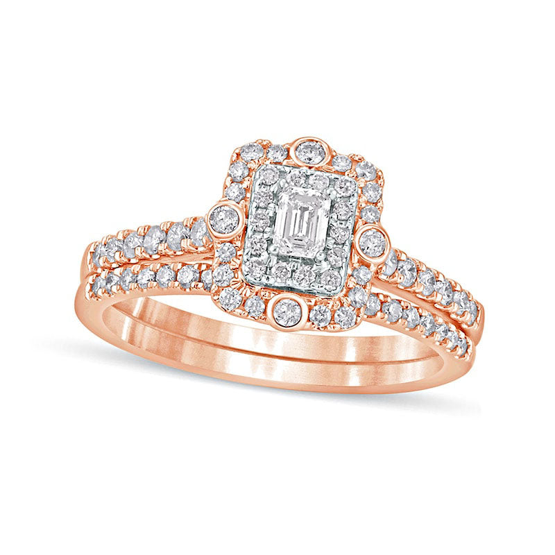 Image of ID 1 063 CT TW Emerald-Cut Natural Diamond Double Frame Bridal Engagement Ring Set in Solid 10K Rose Gold