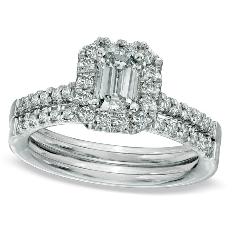 Image of ID 1 063 CT TW Emerald-Cut Natural Diamond Frame Bridal Engagement Ring Set in Solid 14K White Gold