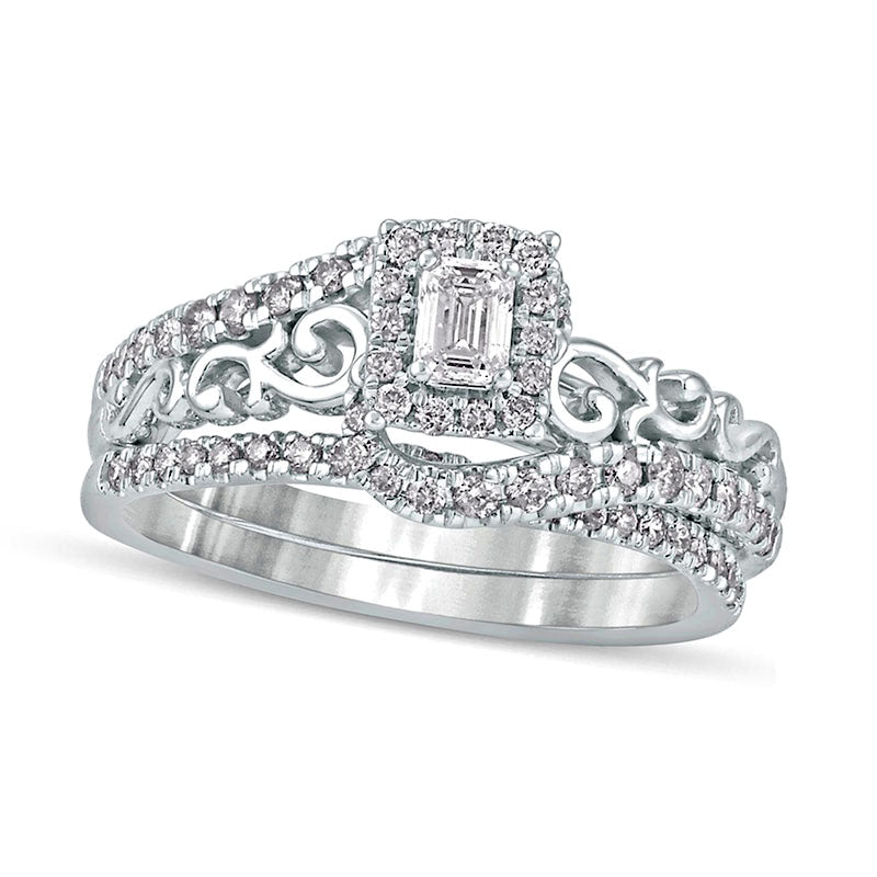 Image of ID 1 063 CT TW Emerald-Cut Natural Diamond Frame Filigree Bypass Bridal Engagement Ring Set in Solid 10K White Gold