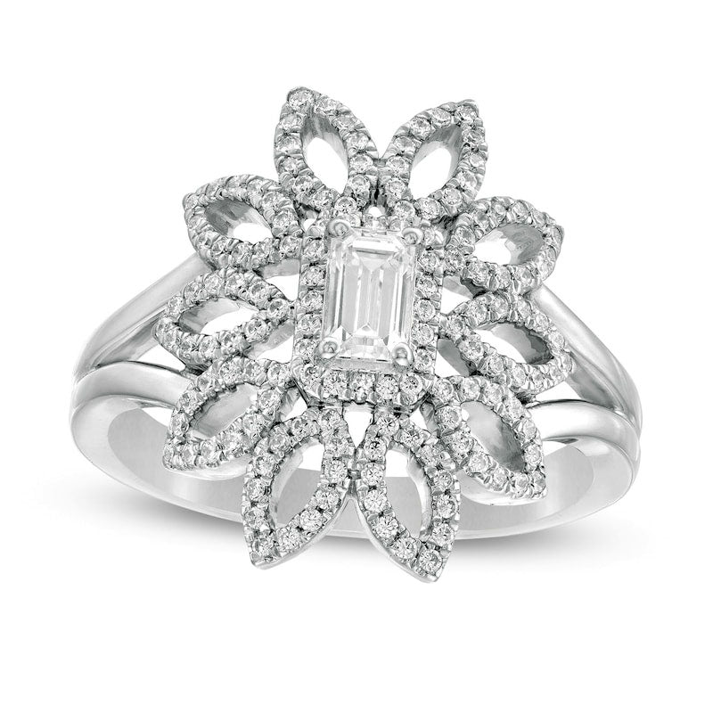 Image of ID 1 063 CT TW Emerald-Cut Natural Diamond Open Flower Split Shank Ring in Solid 10K White Gold