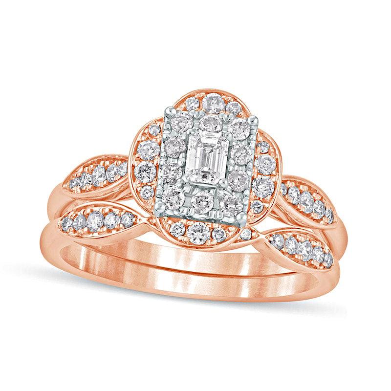 Image of ID 1 063 CT TW Emerald-Cut Natural Diamond Quatrefoil Frame Art Deco Bridal Engagement Ring Set in Solid 10K Rose Gold