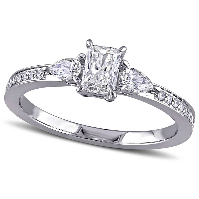 Image of ID 1 063 CT TW Emerald-Cut and Pear-Shaped Natural Diamond Three Stone Engagement Ring in Solid 14K White Gold