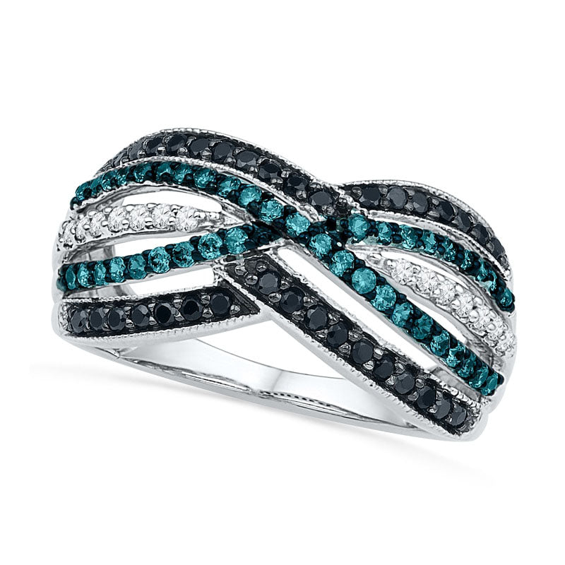Image of ID 1 063 CT TW Enhanced Black Blue and White Natural Diamond Layered Crossover Ring in Solid 10K White Gold