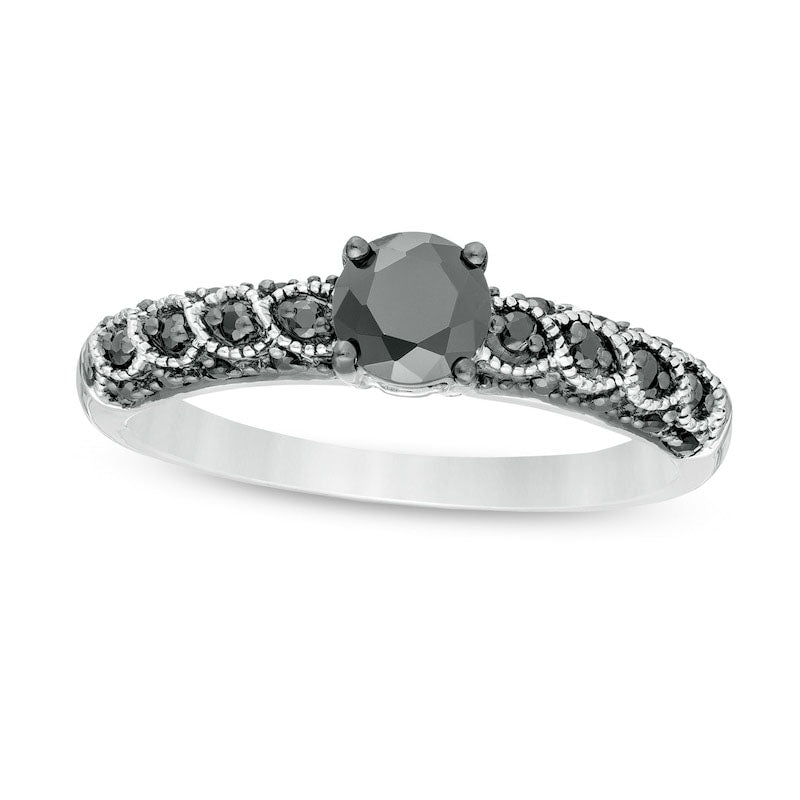 Image of ID 1 063 CT TW Enhanced Black Natural Diamond Antique Vintage-Style Engagement Ring in Solid 10K White Gold