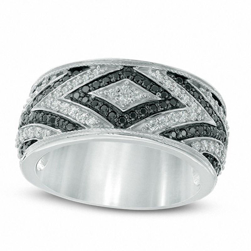 Image of ID 1 063 CT TW Enhanced Black and White Natural Diamond Geometric Alternating Band in Solid 10K White Gold