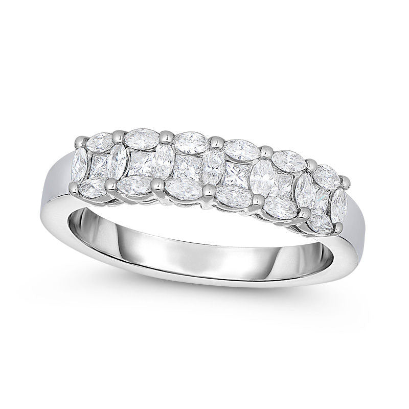 Image of ID 1 063 CT TW Marquise and Princess-Cut Composite Natural Diamond Six Stone Anniversary Band in Solid 14K White Gold