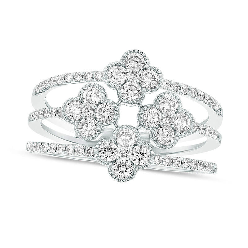 Image of ID 1 063 CT TW Natural Diamond Antique Vintage-Style Multi-Row Clover Ring in Solid 18K White Gold (G/SI1)