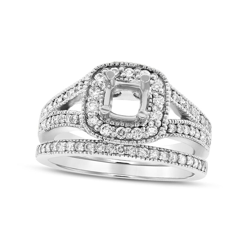 Image of ID 1 063 CT TW Natural Diamond Cushion Frame Semi-Mount Bridal Engagement Ring Set in Solid 14K White Gold (I/SI2)