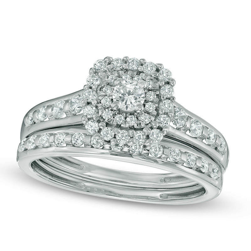 Image of ID 1 063 CT TW Natural Diamond Double Cushion Frame Bridal Engagement Ring Set in Solid 14K White Gold