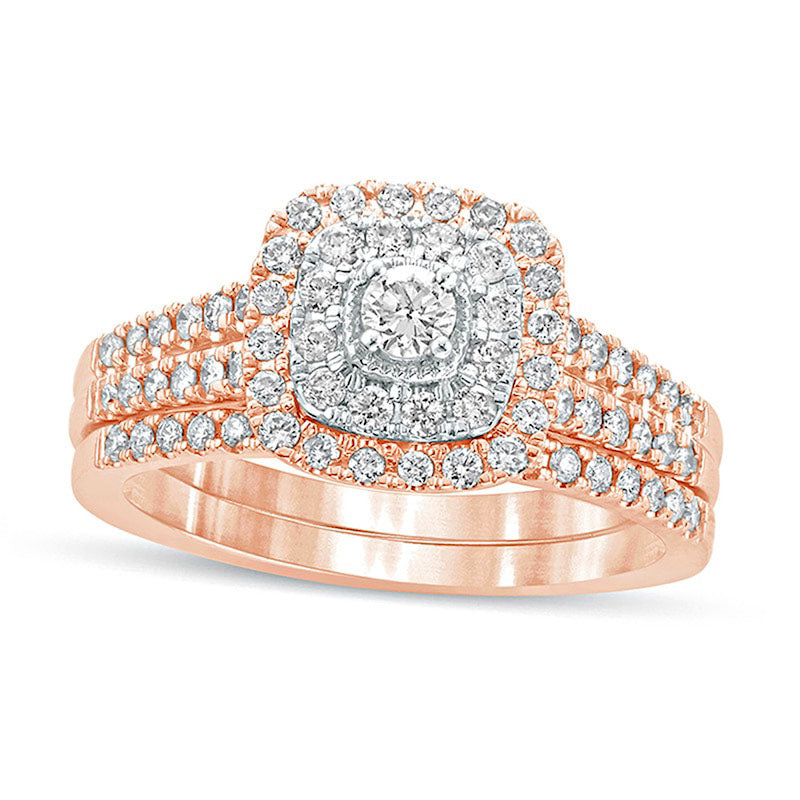 Image of ID 1 063 CT TW Natural Diamond Double Cushion Frame Multi-Row Bridal Engagement Ring Set in Solid 10K Rose Gold