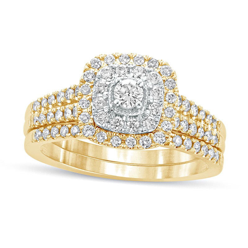 Image of ID 1 063 CT TW Natural Diamond Double Cushion Frame Multi-Row Bridal Engagement Ring Set in Solid 10K Yellow Gold