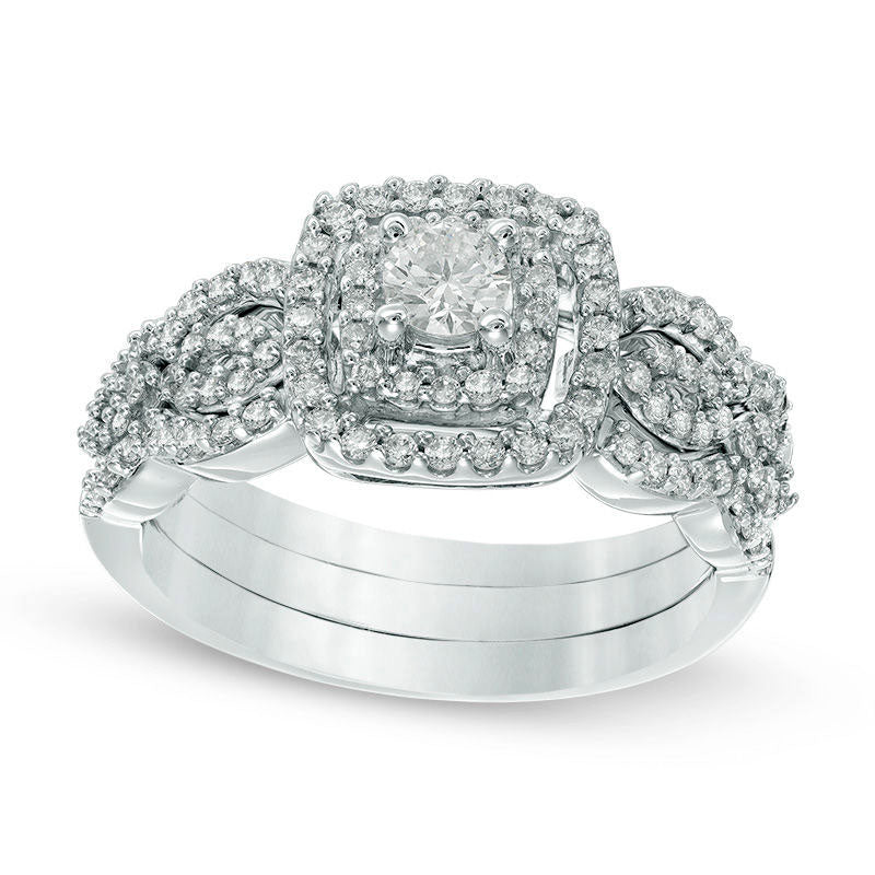 Image of ID 1 063 CT TW Natural Diamond Double Frame Bridal Engagement Ring Set in Solid 10K White Gold