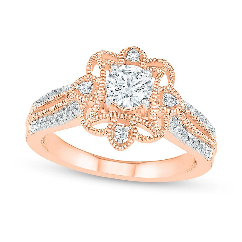 Image of ID 1 063 CT TW Natural Diamond Flower Frame Antique Vintage-Style Engagement Ring in Solid 10K Rose Gold